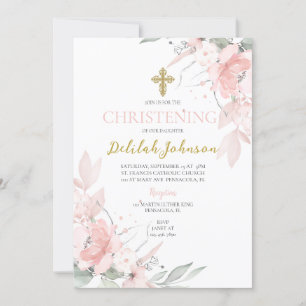 Invitation Baptême floral rose pour fille