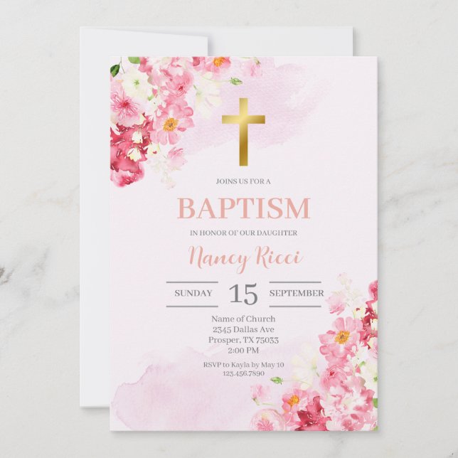 Invitation Baptême floral rose pour fille (Devant)