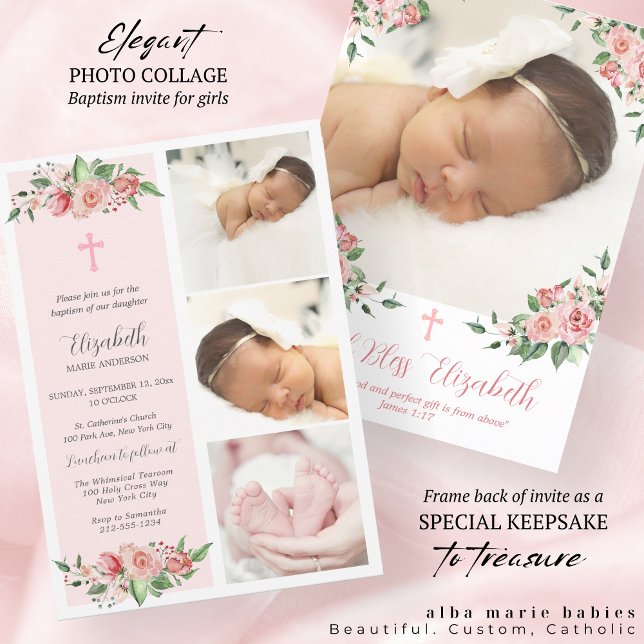 Invitation Baptême Floral rose pour filles (Créateur téléchargé)