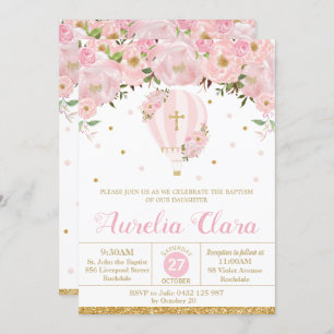Invitation Baptême floral rose rose à air chaud