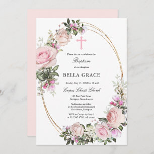 Invitation Baptême floral rose rustique