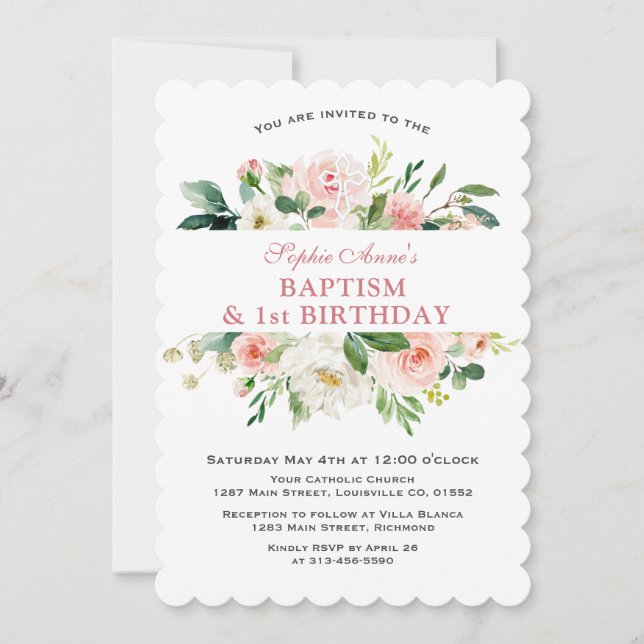 Invitation Baptême floral rose tendance Premier anniversaire (Devant)