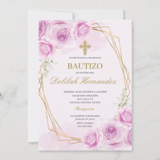 Invitation Baptême floral rose vif espagnol (Devant)