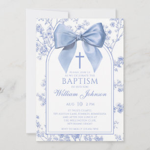 Invitation Baptême floral ruban bleu vintage