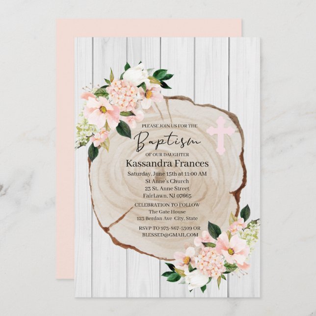 Invitation Baptême floral rustique (Devant / Derrière)