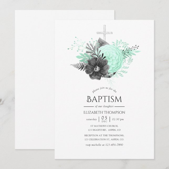 Invitation Baptême Floral Rustique Aqua et Charbon (Devant / Derrière)