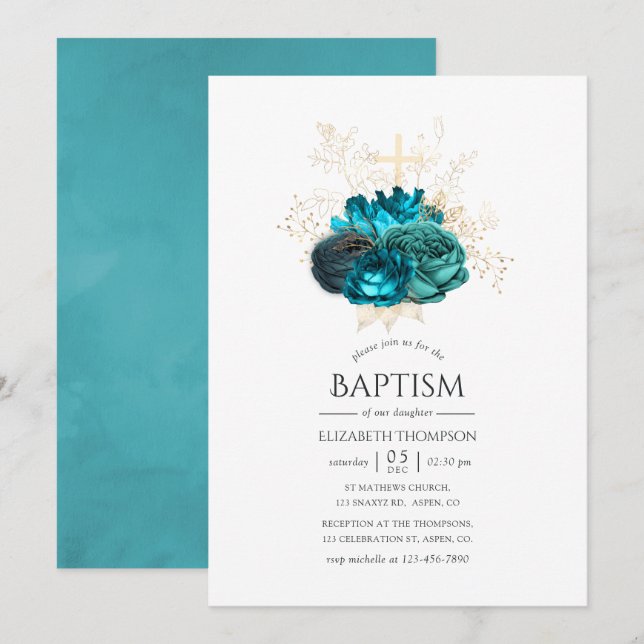 Invitation Baptême floral sarcelle et or (Devant / Derrière)