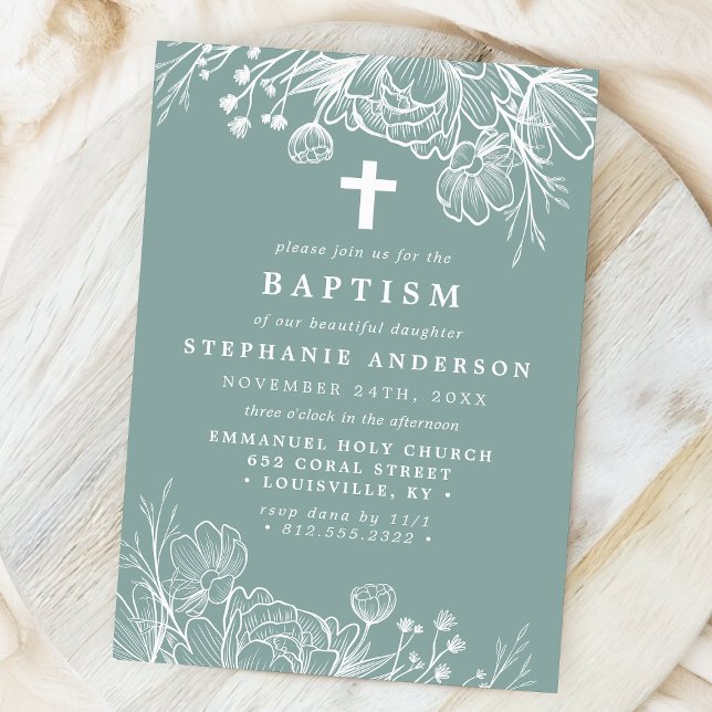 Invitation Baptême floral sarcelle poussiéreuse et blanc (Créateur téléchargé)