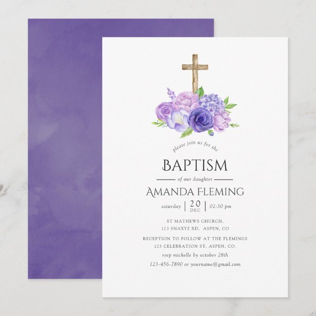 Invitation Baptême Floral Ultra Violet (Devant / Derrière)