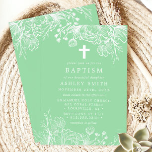 Invitation Baptême floral vert et blanc à la menthe