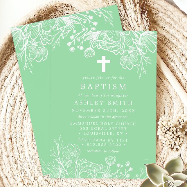 Invitation Baptême floral vert menthe et blanc (Créateur téléchargé)