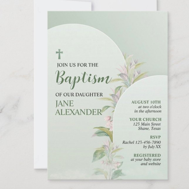 Invitation Baptême Floral Vert Pastel Élégant (Créateur téléchargé)