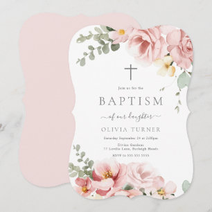 Invitation Baptême floral vert rose et gris