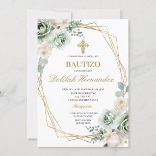 Invitation Baptême floral vert sauge espagnole