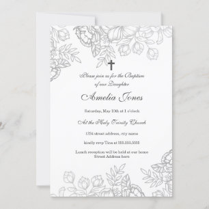 Invitation Baptême floral vintage argent élégant