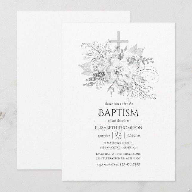 Invitation Baptême floral vintage blanc et argent (Devant / Derrière)