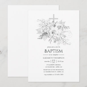 Invitation Baptême floral Vintage blanc et argenté