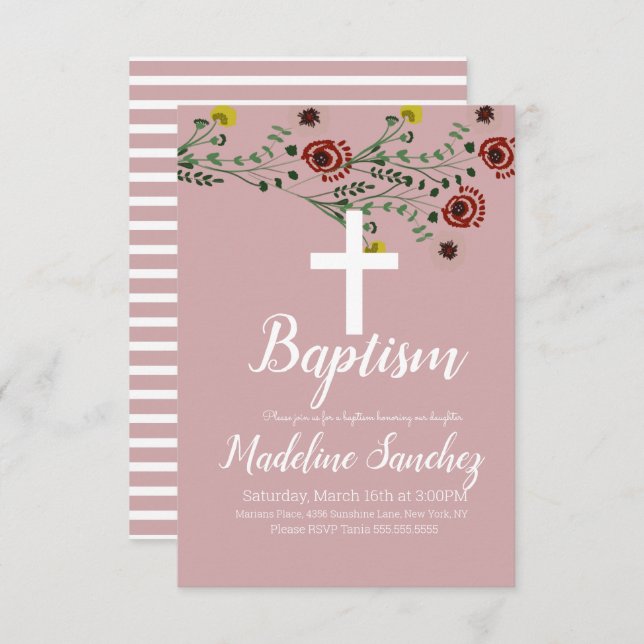 Invitation Baptême Floral Vintage Dédication Christening (Devant / Derrière)