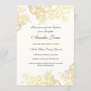 Invitation Baptême floral vintage or élégant