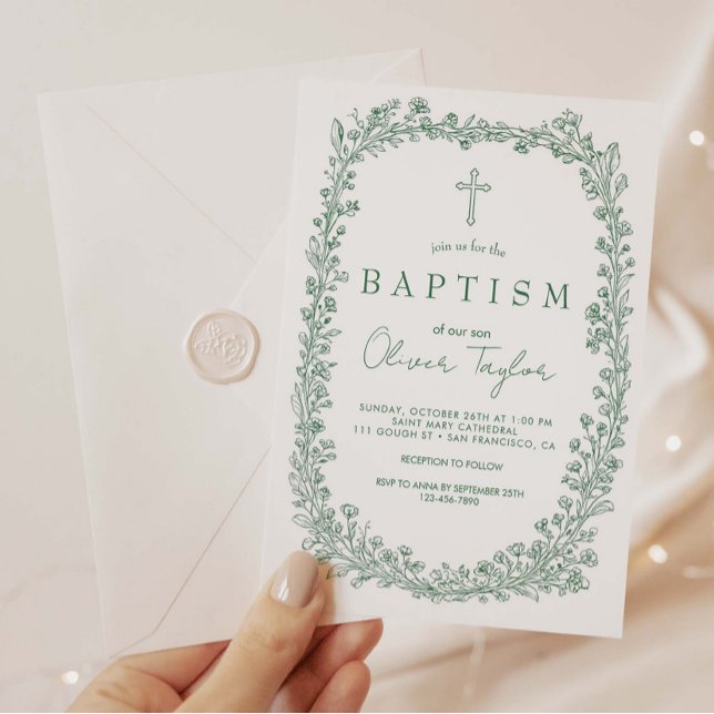 Invitation Baptême floral vintage toile vert (Créateur téléchargé)