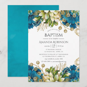 Invitation Baptême floral vintage turquoise et or