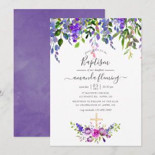 Invitation Baptême floral violet aquarelle