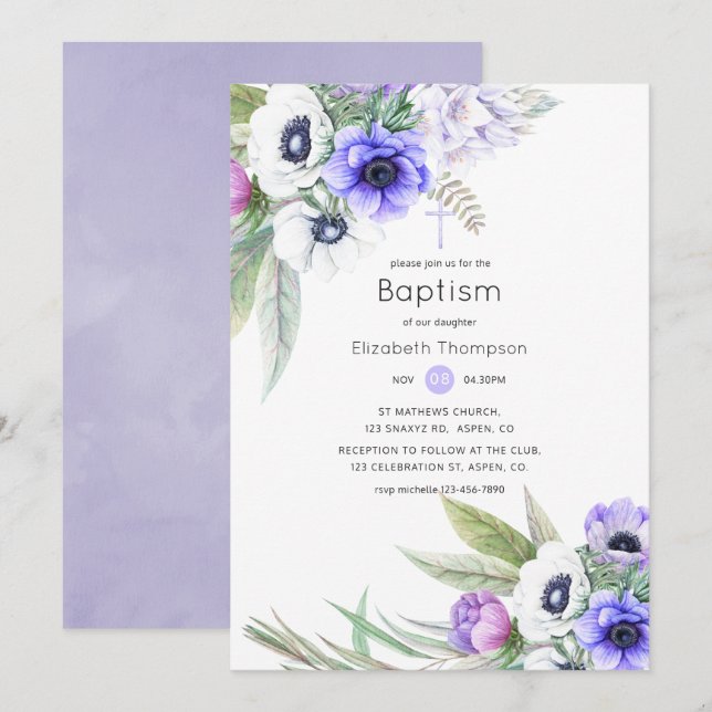 Invitation Baptême floral violet pastel et prune (Devant / Derrière)