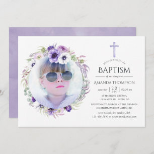 Invitation Baptême floral violet poussiéreux