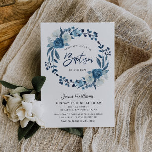 Invitation Baptême florale bleu marine