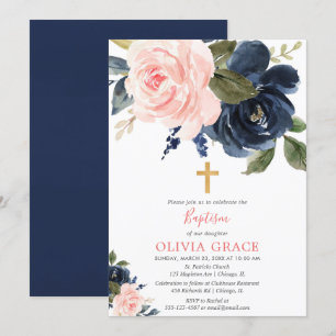 Invitation Baptême florale bleue marine rose rousse