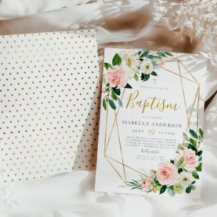 Invitation Baptême florale Gold et Blush