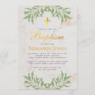 Invitation Baptême Foliage Faux Gold Cross Calligraphie Marbr