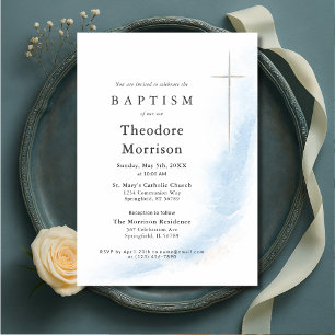 Invitation Baptême garçon aquarelle bleu poussiéreux