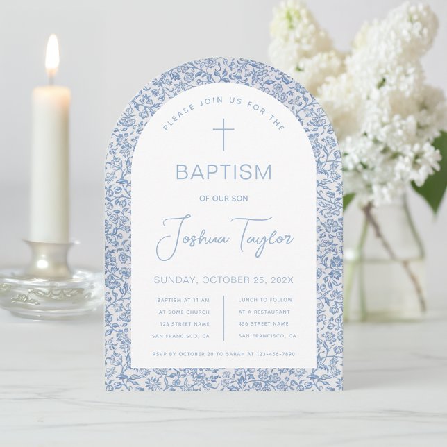 Invitation Baptême garçon Arche Bleu Blanc Floral Motif Vinta (Créateur téléchargé)