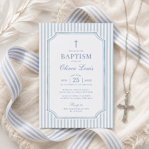 Invitation Baptême Garçon aux Rayures Bleues Élégantes