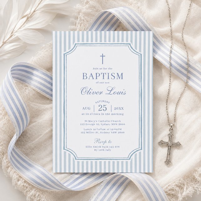 Invitation Baptême Garçon aux Rayures Bleues Élégantes (Créateur téléchargé)