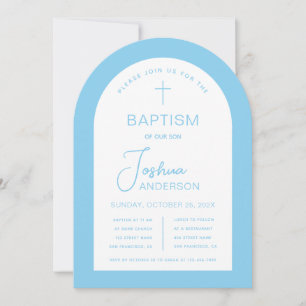 Invitation Baptême garçon Bébé Bleu Blanc Arc Script Religieu