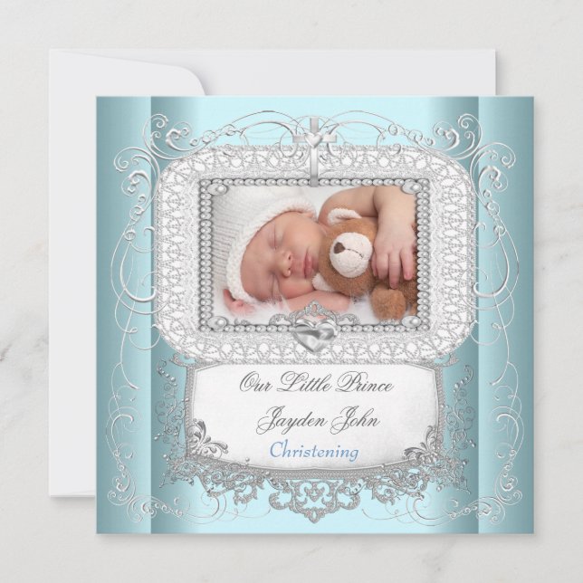 Invitation Baptême Garçon Bleu Christening Croix Prince (Devant)