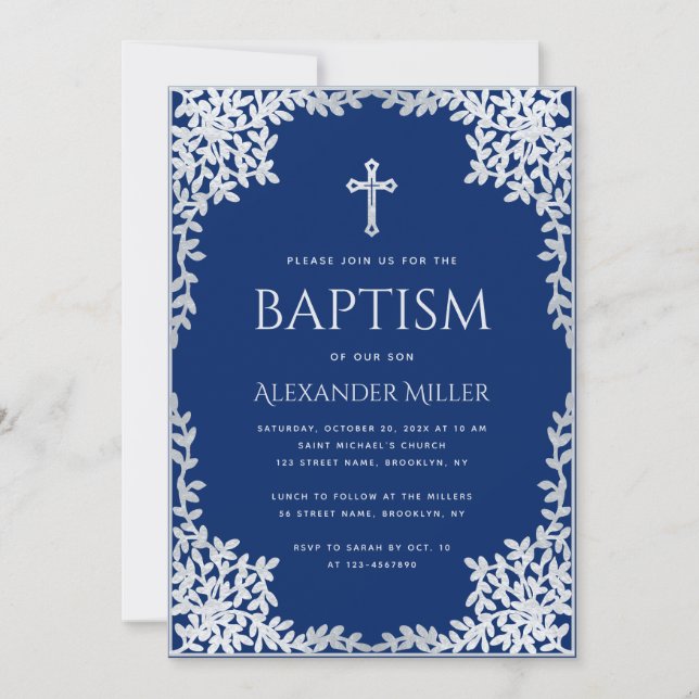 Invitation Baptême garçon bleu royal faux feuilles argent élé (Devant)