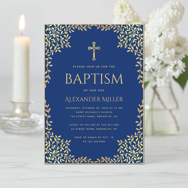 Invitation Baptême garçon bleu royal feuilles de faux or vint (Créateur téléchargé)