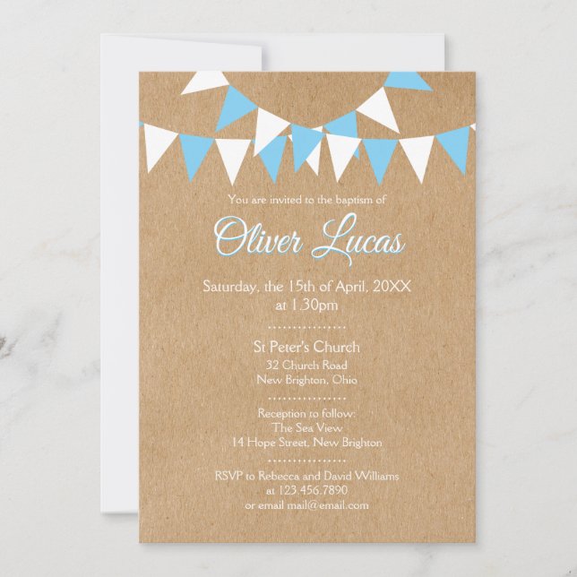 Invitation Baptême Garçon Bleu Rustique Bunting (Devant)