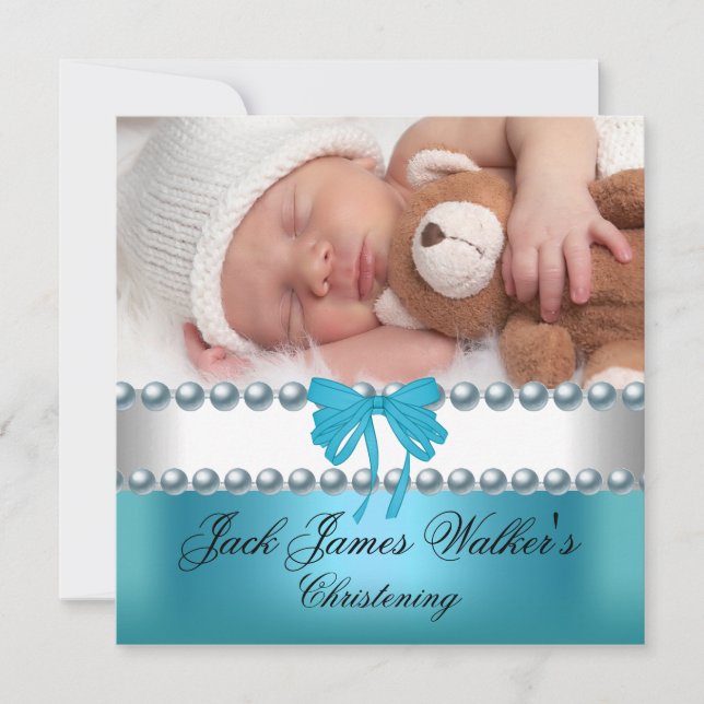 Invitation Baptême Garçon Christening Garçon Blanc Bleu Nœud  (Devant)
