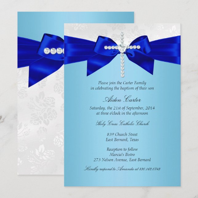 Invitation Baptême Garçon Croix Bleu Royal Blanc Argent (Devant / Derrière)