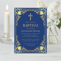 Baptême Garçon Croix Dorée Fausse Bleu Royal Vinta