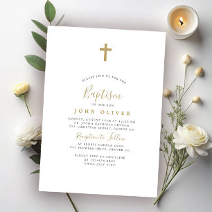 Invitation Baptême garçon croix dorée simple minimaliste