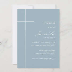 Invitation Baptême Garçon Croix Moderne Bleu