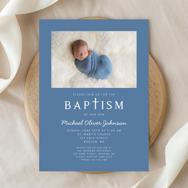 Invitation Baptême Garçon Croix Religieuse Photo Bleue (Blue Photo Religious Cross Boy Baptism Invitation)