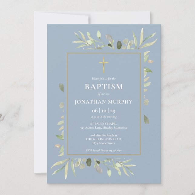 Invitation Baptême garçon de verdure botanique bleu poussiére (Devant)