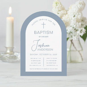 Invitation Baptême garçon Dusty Bleu Blanc Arc Script Moderne