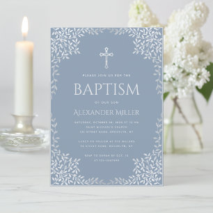 Invitation Baptême garçon Dusty Bleu élégant Faux Feuilles en